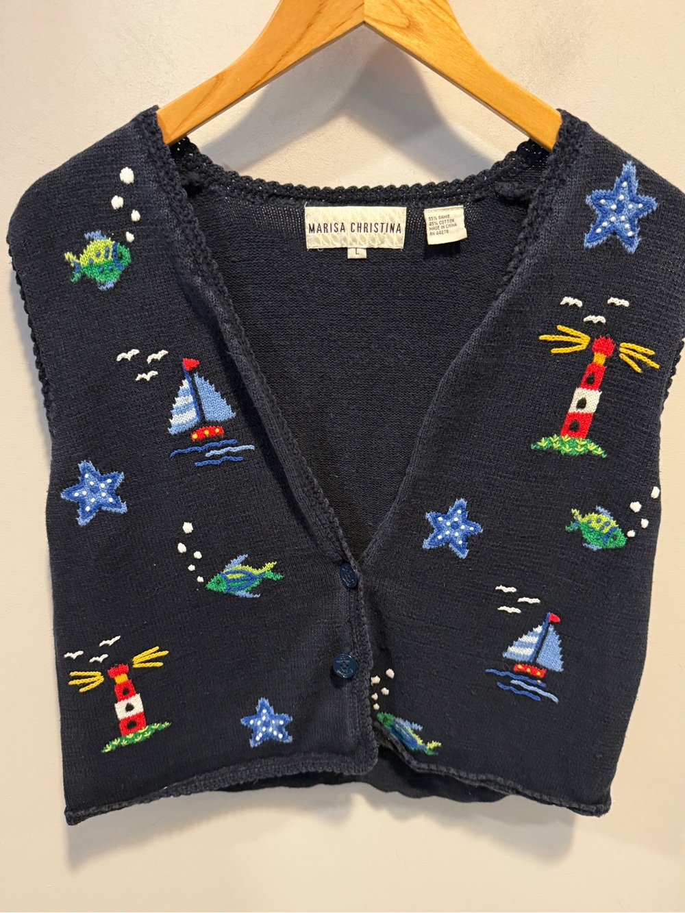 VTG USA MARISSA CHRISTINA RAMIE KNIT SWEATER VEST NAUTICAL LARGE JULY 4 CAPE COD